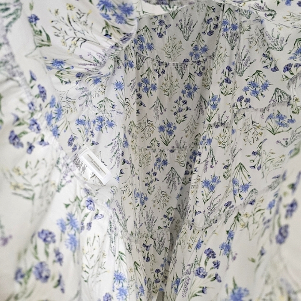 Nwot LOFT  White /Blue/Lavender Floral Puffed Sleeve Back Cutout Tier Midi Dress - Picture 12 of 16